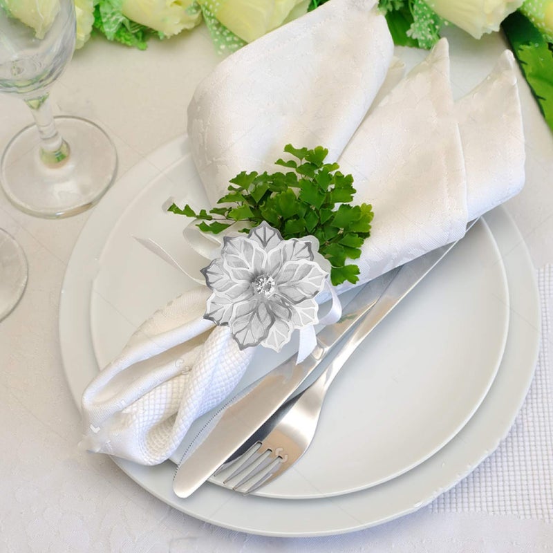 Picowe Set of 12 Alloy Napkin Rings with Hollow Out Flower Napkin Ring Holders for Wedding Party Holiday Banquet Christmas Dinner Delicate Serviette Buckles Decor Favor (Silver) - Image 4
